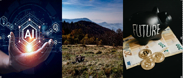 kolaż zdjęć przedstawiających wykorzystanie szczucznej inteligencji, osobę odpoczywającą w górach oraz świnkę skarbonkę i banknoty euro 
